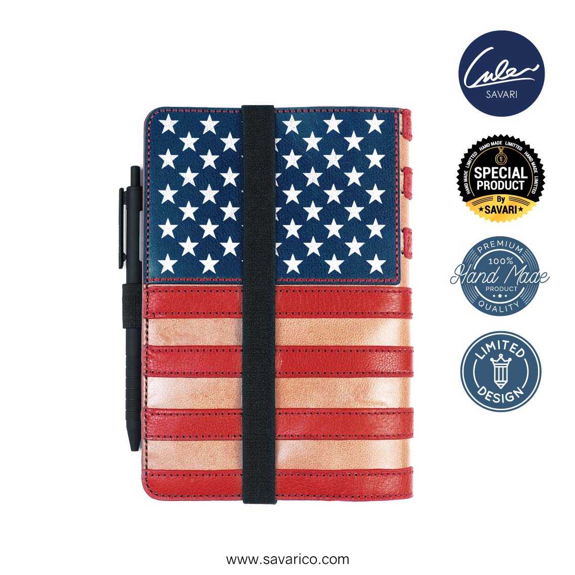 نت بوک چرم طبیعی طرح پرچم ایالات متحده به همراه دفترچه یادداشت و خودکار قابل تعویض - برند سواری SAVARI ( مدل S-۳۰ )