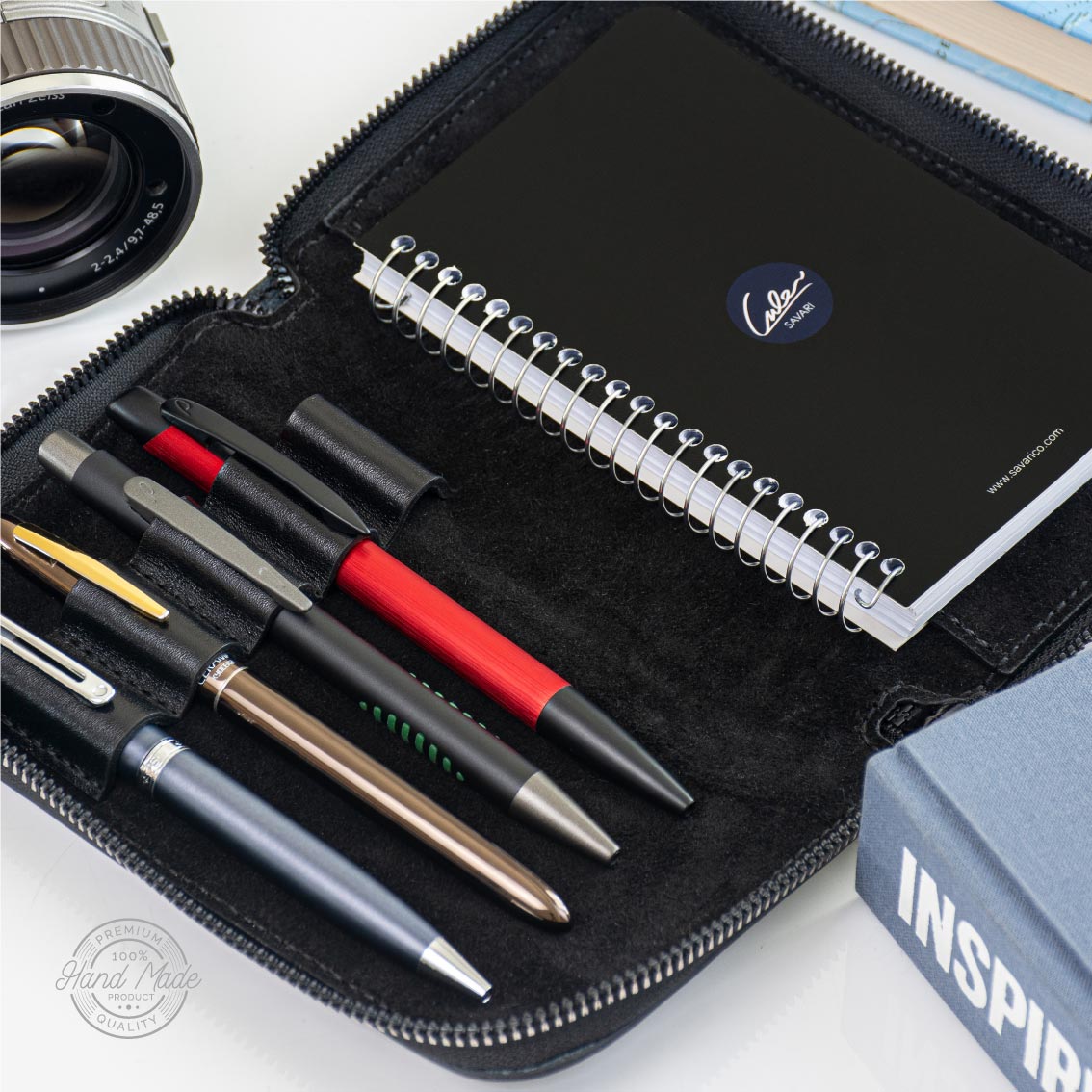 کیف قلم تمام چرم طبیعی دور زیپ دار به همراه دفترچه یادداشت قابل تعویض برند سواری SAVARI ( مدل S-۱۳ )